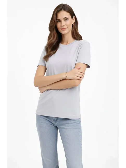 Kadın Bisiklet Yaka Tişört  Regular Kalıp Basic Pamuklu  Günlük Kullanım  T-shirt - Gri