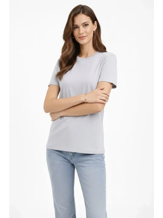 Kadın Bisiklet Yaka Tişört Regular Kalıp Basic Pamuklu Günlük Kullanım T-shirt - Gri Kadın Bisiklet Yaka Tişört Regular Kalıp Basic Pamuklu Günlük Kullanım T-shirt - Gri