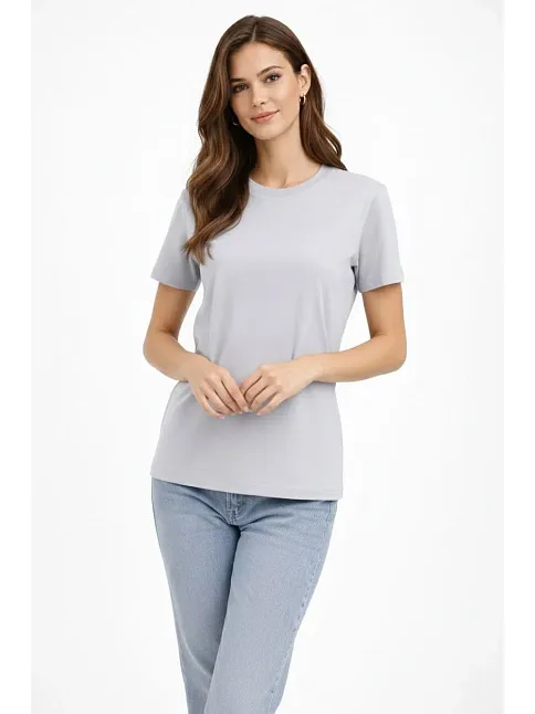 Kadın Bisiklet Yaka Tişört  Regular Kalıp Basic Pamuklu  Günlük Kullanım  T-shirt - Gri