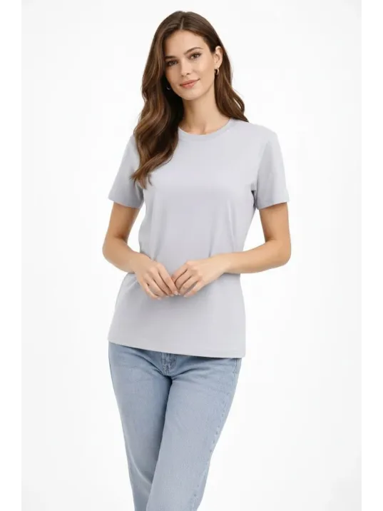 Kadın Bisiklet Yaka Tişört Regular Kalıp Basic Pamuklu Günlük Kullanım T-shirt - Gri Kadın Bisiklet Yaka Tişört Regular Kalıp Basic Pamuklu Günlük Kullanım T-shirt - Gri