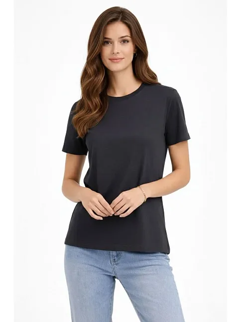Kadın Bisiklet Yaka Tişört Regular Kalıp Basic Pamuklu Günlük Kullanım T-shirt - Füme