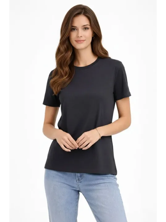 Kadın Bisiklet Yaka Tişört Regular Kalıp Basic Pamuklu Günlük Kullanım T-shirt - Füme