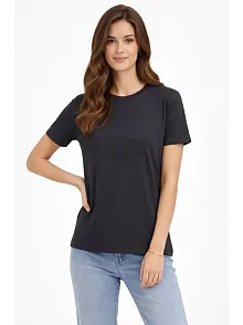 Kadın Bisiklet Yaka Tişört Regular Kalıp Basic Pamuklu Günlük Kullanım T-shirt - Füme