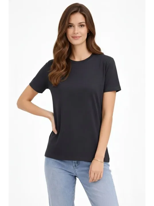 Kadın Bisiklet Yaka Tişört Regular Kalıp Basic Pamuklu Günlük Kullanım T-shirt - Füme