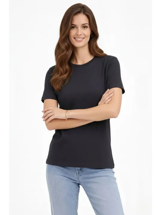 Kadın Bisiklet Yaka Tişört Regular Kalıp Basic Pamuklu Günlük Kullanım T-shirt - Füme