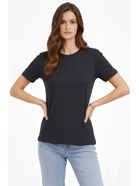 Kadın Bisiklet Yaka Tişört Regular Kalıp Basic Pamuklu Günlük Kullanım T-shirt - Füme