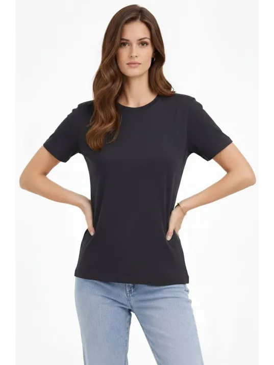 Kadın Bisiklet Yaka Tişört Regular Kalıp Basic Pamuklu Günlük Kullanım T-shirt - Füme