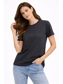 Kadın Bisiklet Yaka Tişört Regular Kalıp Basic Pamuklu Günlük Kullanım T-shirt - Füme
