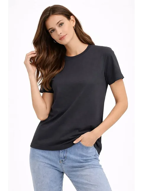 Kadın Bisiklet Yaka Tişört Regular Kalıp Basic Pamuklu Günlük Kullanım T-shirt - Füme