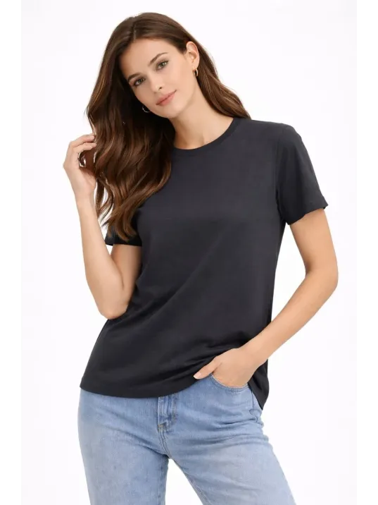 Kadın Bisiklet Yaka Tişört Regular Kalıp Basic Pamuklu Günlük Kullanım T-shirt - Füme