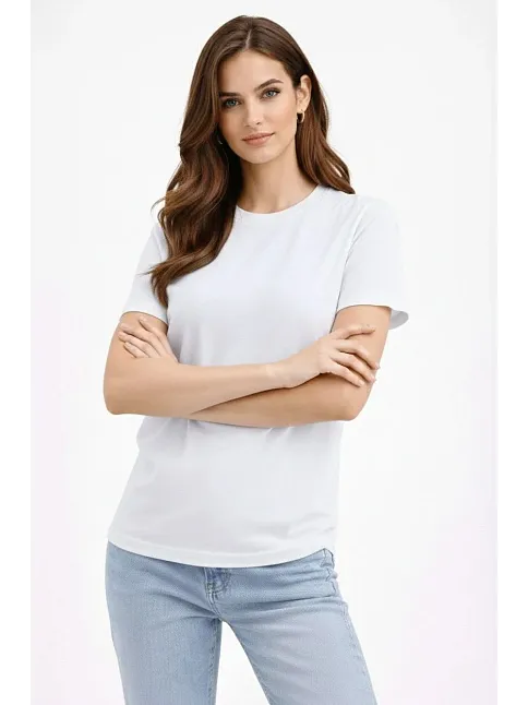 Kadın Bisiklet Yaka Tişört Regular Kalıp Basic Pamuklu Günlük Kullanım T-shirt - Beyaz