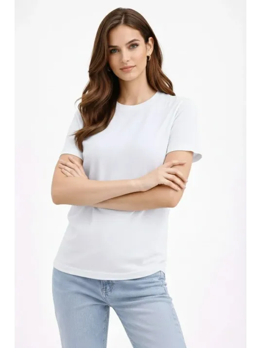 Kadın Bisiklet Yaka Tişört Regular Kalıp Basic Pamuklu Günlük Kullanım T-shirt - Beyaz Kadın Bisiklet Yaka Tişört Regular Kalıp Basic Pamuklu Günlük Kullanım T-shirt - Beyaz