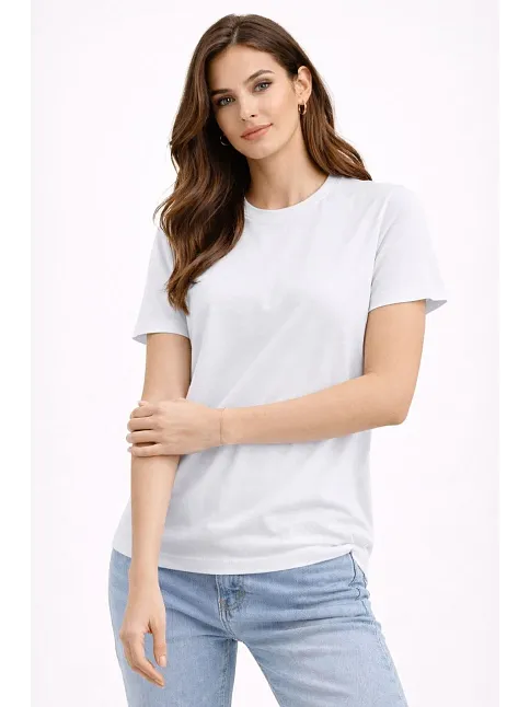 Kadın Bisiklet Yaka Tişört Regular Kalıp Basic Pamuklu Günlük Kullanım T-shirt - Beyaz