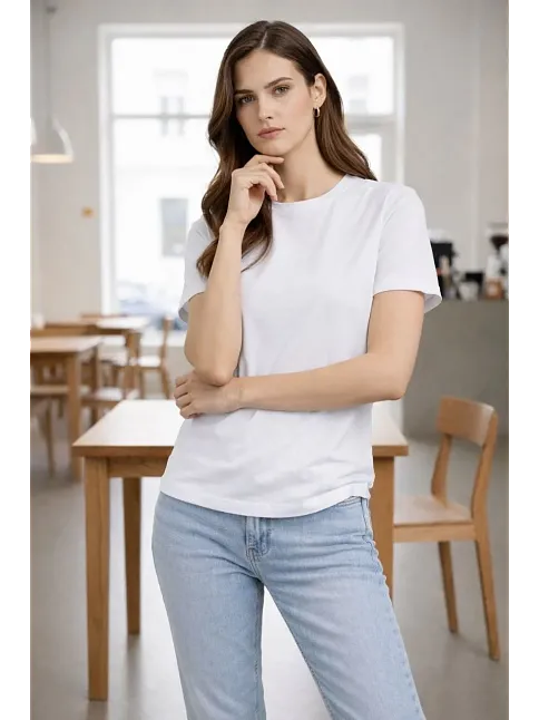 Kadın Bisiklet Yaka Tişört Regular Kalıp Basic Pamuklu Günlük Kullanım T-shirt - Beyaz