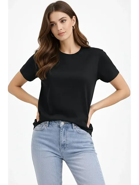 Kadın Bisiklet Yaka Tişört Regular Kalıp Basic Pamuklu Günlük Kullanım T-shirt - Siyah