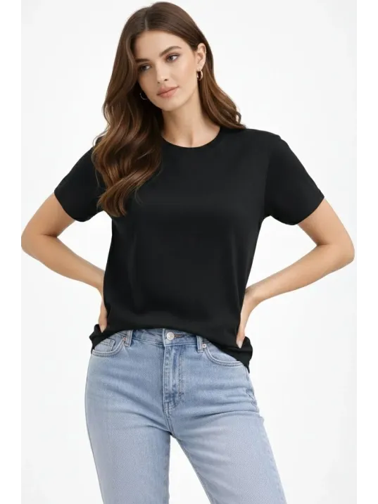 Kadın Bisiklet Yaka Tişört Regular Kalıp Basic Pamuklu Günlük Kullanım T-shirt - Siyah Kadın Bisiklet Yaka Tişört Regular Kalıp Basic Pamuklu Günlük Kullanım T-shirt - Siyah