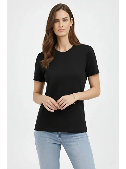 Kadın Bisiklet Yaka Tişört Regular Kalıp Basic Pamuklu Günlük Kullanım T-shirt - Siyah