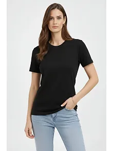 Kadın Bisiklet Yaka Tişört Regular Kalıp Basic Pamuklu Günlük Kullanım T-shirt - Siyah