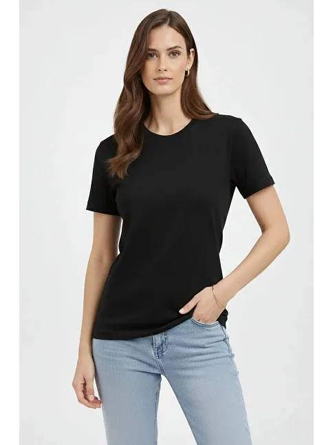 Kadın Bisiklet Yaka Tişört Regular Kalıp Basic Pamuklu Günlük Kullanım T-shirt - Siyah