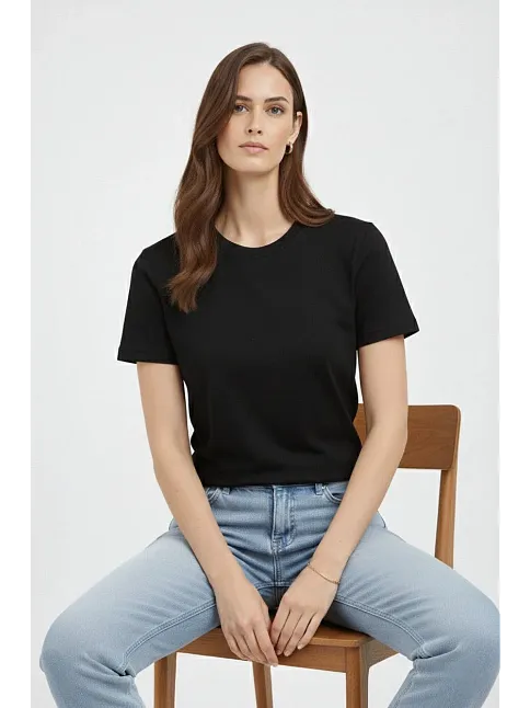 Kadın Bisiklet Yaka Tişört Regular Kalıp Basic Pamuklu Günlük Kullanım T-shirt - Siyah