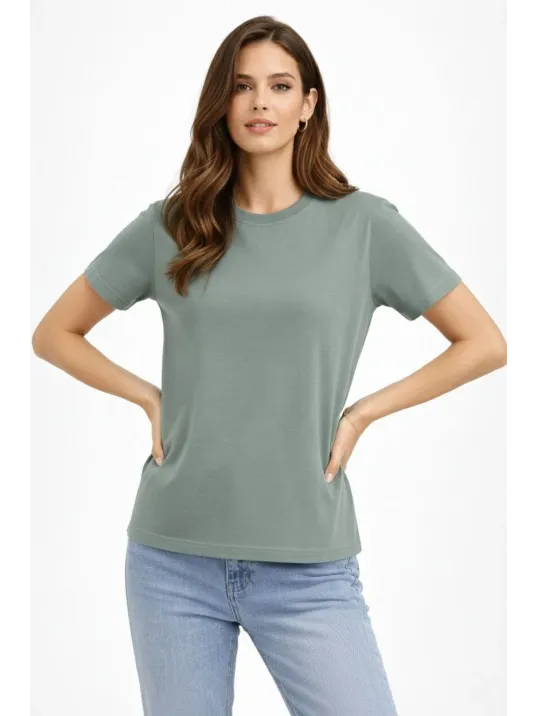 Kadın Bisiklet Yaka Tişört Regular Kalıp Basic Pamuklu Günlük Kullanım T-shirt - Mint Yeşili
