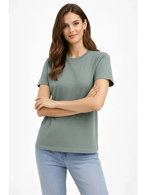 Kadın Bisiklet Yaka Tişört Regular Kalıp Basic Pamuklu Günlük Kullanım T-shirt - Mint Yeşili