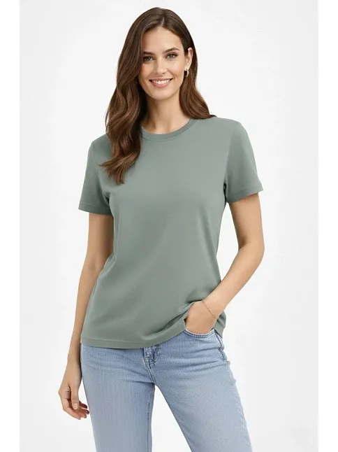 Kadın Bisiklet Yaka Tişört Regular Kalıp Basic Pamuklu Günlük Kullanım T-shirt - Mint Yeşili