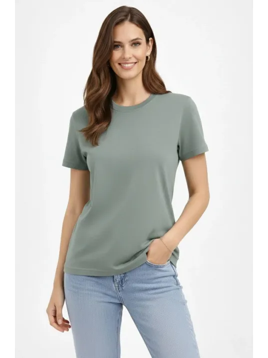 Kadın Bisiklet Yaka Tişört Regular Kalıp Basic Pamuklu Günlük Kullanım T-shirt - Mint Yeşili