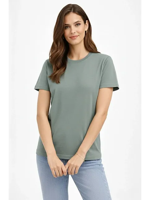 Kadın Bisiklet Yaka Tişört Regular Kalıp Basic Pamuklu Günlük Kullanım T-shirt - Mint Yeşili