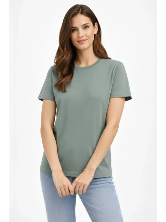 Kadın Bisiklet Yaka Tişört Regular Kalıp Basic Pamuklu Günlük Kullanım T-shirt - Mint Yeşili