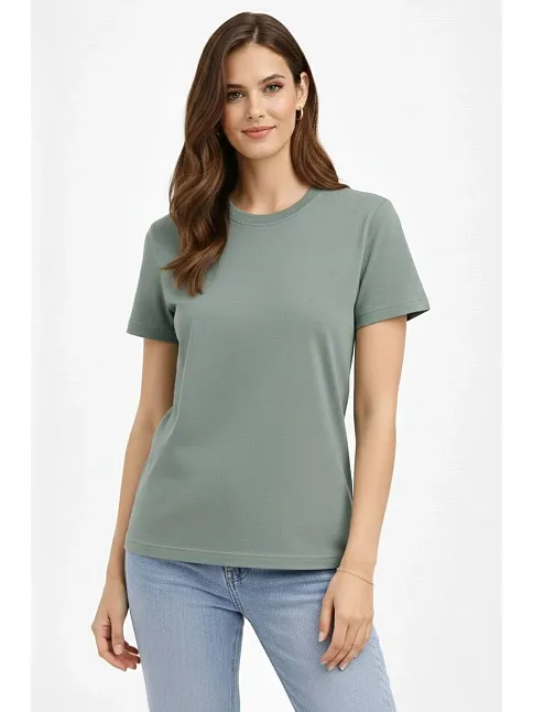 Kadın Bisiklet Yaka Tişört Regular Kalıp Basic Pamuklu Günlük Kullanım T-shirt - Mint Yeşili