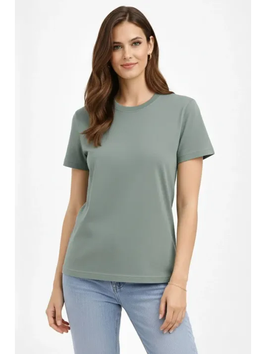 Kadın Bisiklet Yaka Tişört Regular Kalıp Basic Pamuklu Günlük Kullanım T-shirt - Mint Yeşili