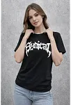 Kadın Bisiklet Yaka Ön Baskılı  Kısa Kollu Tişört Streetwear Günlük Basic Pamuklu T-shirt - Siyah