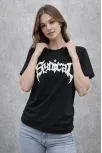 Kadın Bisiklet Yaka Ön Baskılı  Kısa Kollu Tişört Streetwear Günlük Basic Pamuklu T-shirt - Siyah