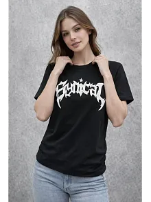 Kadın Bisiklet Yaka Ön Baskılı  Kısa Kollu Tişört Streetwear Günlük Basic Pamuklu T-shirt - Siyah