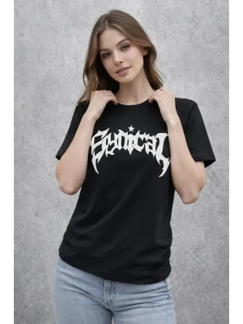 Kadın Bisiklet Yaka Ön Baskılı  Kısa Kollu Tişört Streetwear Günlük Basic Pamuklu T-shirt - Siyah