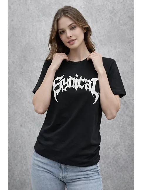 Kadın Bisiklet Yaka Ön Baskılı  Kısa Kollu Tişört Streetwear Günlük Basic Pamuklu T-shirt - Siyah