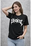 Kadın Bisiklet Yaka Ön Baskılı  Kısa Kollu Tişört Streetwear Günlük Basic Pamuklu T-shirt - Siyah