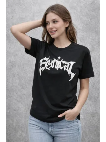 Kadın Bisiklet Yaka Ön Baskılı Kısa Kollu Tişört Streetwear Günlük Basic Pamuklu T-shirt - Siyah Kadın Bisiklet Yaka Ön Baskılı Kısa Kollu Tişört Streetwear Günlük Basic Pamuklu T-shirt - Siyah