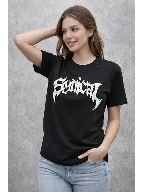 Kadın Bisiklet Yaka Ön Baskılı  Kısa Kollu Tişört Streetwear Günlük Basic Pamuklu T-shirt - Siyah