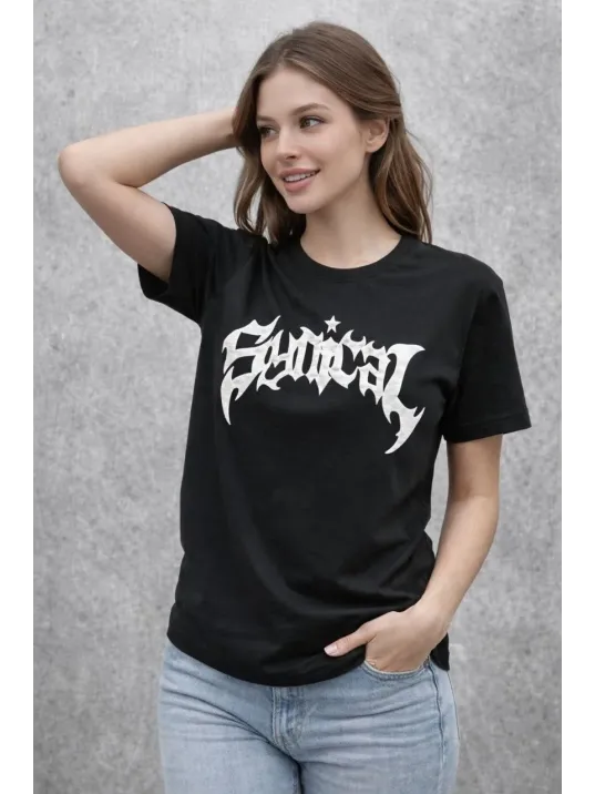 Kadın Bisiklet Yaka Ön Baskılı  Kısa Kollu Tişört Streetwear Günlük Basic Pamuklu T-shirt - Siyah