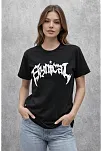 Kadın Bisiklet Yaka Ön Baskılı  Kısa Kollu Tişört Streetwear Günlük Basic Pamuklu T-shirt - Siyah