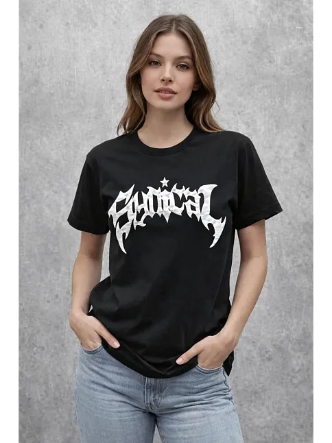 Kadın Bisiklet Yaka Ön Baskılı  Kısa Kollu Tişört Streetwear Günlük Basic Pamuklu T-shirt - Siyah