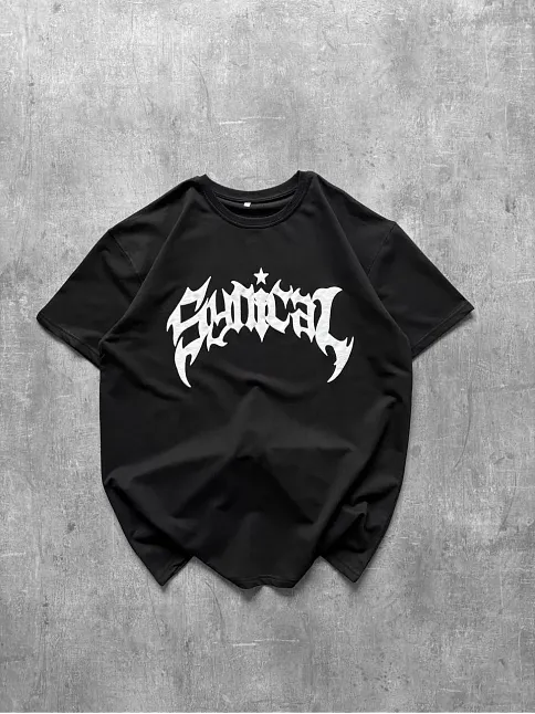 Kadın Bisiklet Yaka Ön Baskılı  Kısa Kollu Tişört Streetwear Günlük Basic Pamuklu T-shirt - Siyah