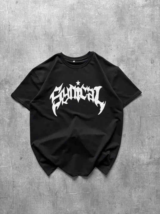 Kadın Bisiklet Yaka Ön Baskılı  Kısa Kollu Tişört Streetwear Günlük Basic Pamuklu T-shirt - Siyah