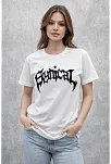 Kadın Bisiklet Yaka Ön Baskılı Kısa Kollu Tişört Streetwear Günlük Basic Pamuklu T-shirt - Beyaz