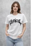 Kadın Bisiklet Yaka Ön Baskılı Kısa Kollu Tişört Streetwear Günlük Basic Pamuklu T-shirt - Beyaz