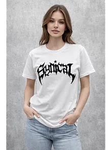 Kadın Bisiklet Yaka Ön Baskılı Kısa Kollu Tişört Streetwear Günlük Basic Pamuklu T-shirt - Beyaz