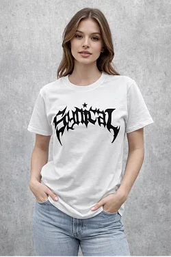 Kadın Bisiklet Yaka Ön Baskılı Kısa Kollu Tişört Streetwear Günlük Basic Pamuklu T-shirt - Beyaz