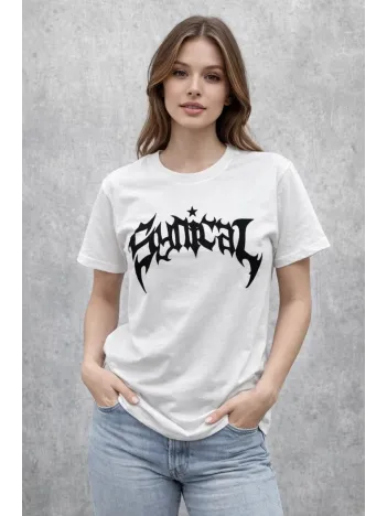 Kadın Bisiklet Yaka Ön Baskılı Kısa Kollu Tişört Streetwear Günlük Basic Pamuklu T-shirt - Beyaz